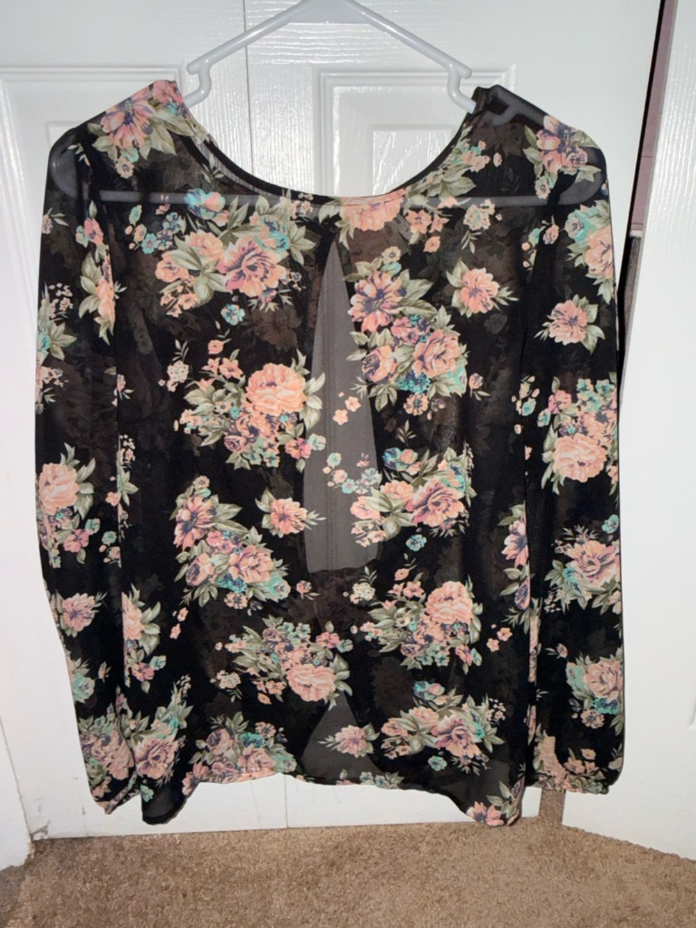 Floral Sheer Black Long Sleeve Women's Top